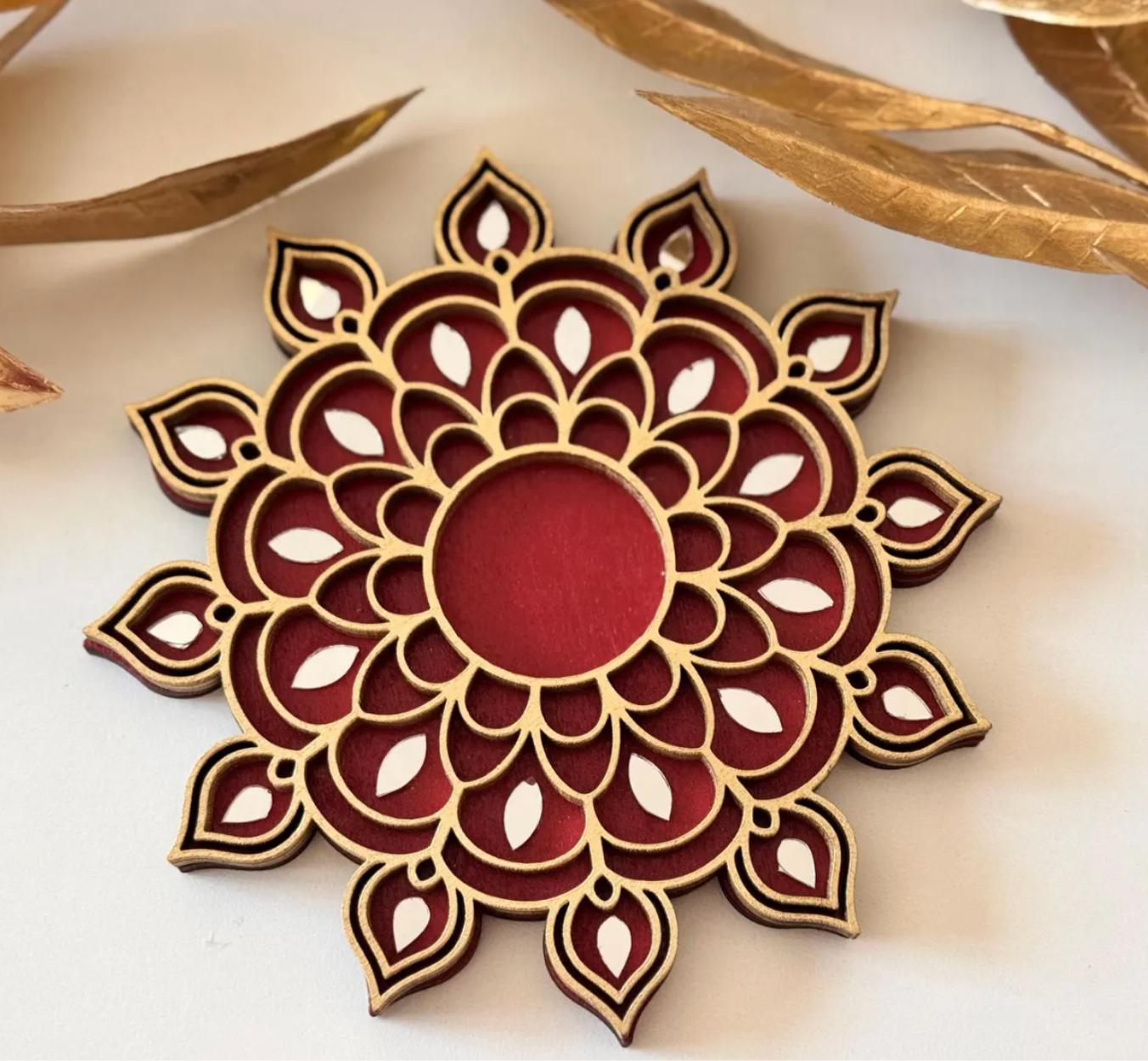 Laser-cut wooden mandala tea light holder