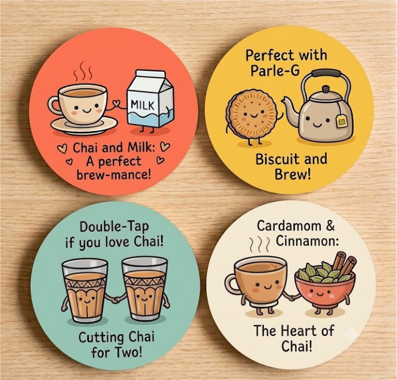 Chai-themed illustrated coaster set