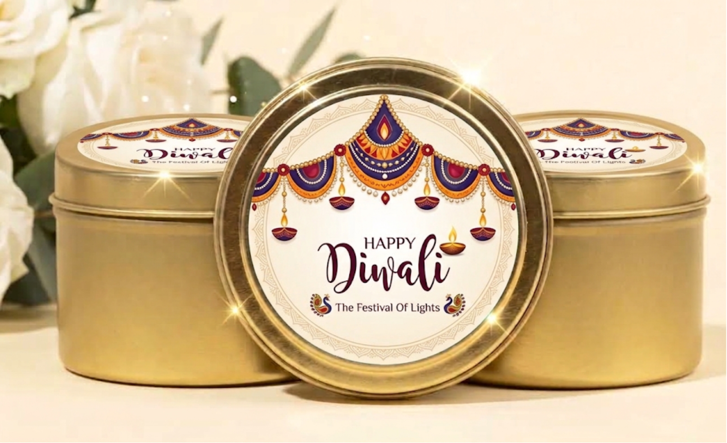 Gold Happy Diwali candle tin