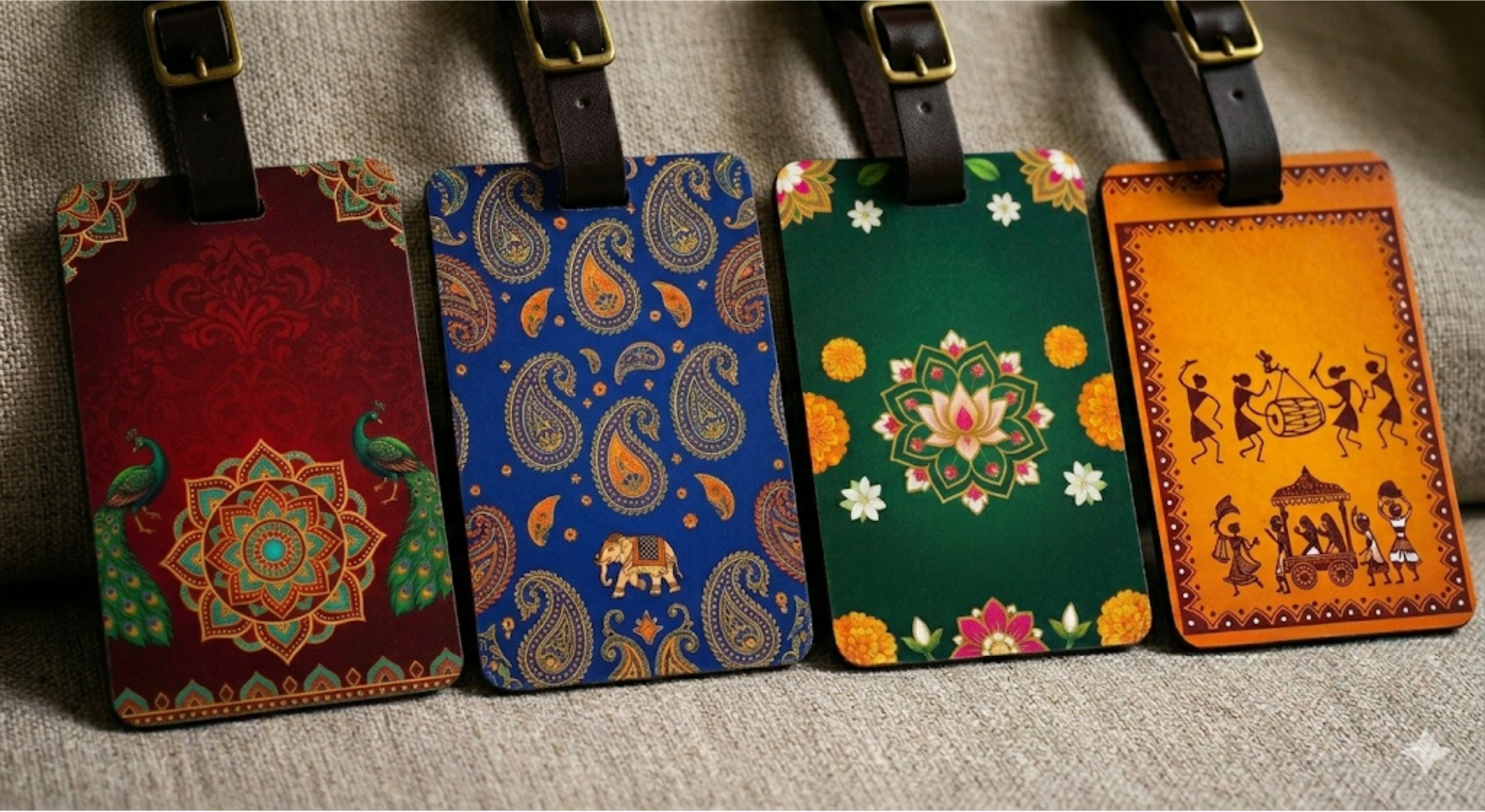 Leather luggage tags in mandala and paisley prints