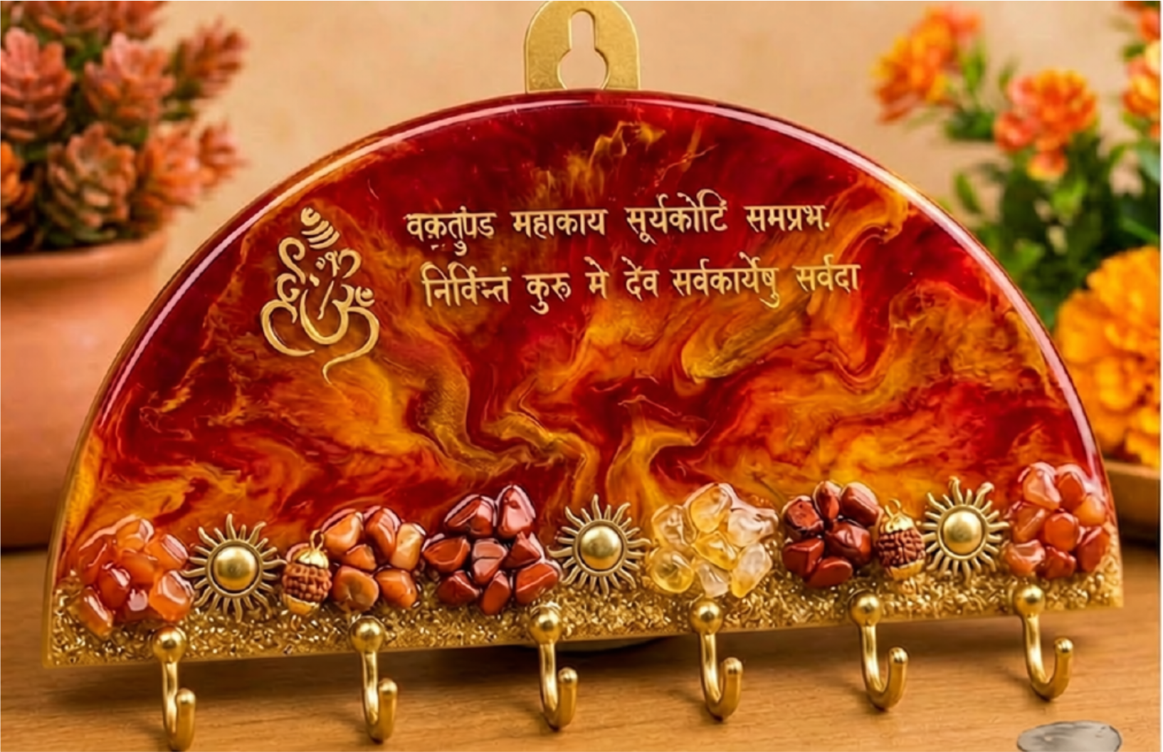 Resin key holder with natural stones and Ganesha mantra