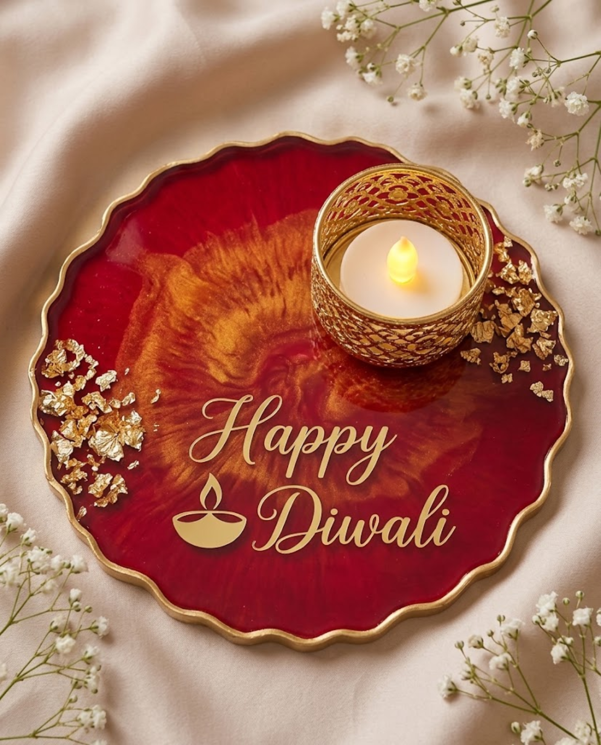 Marbled red and gold Happy Diwali tea light holder